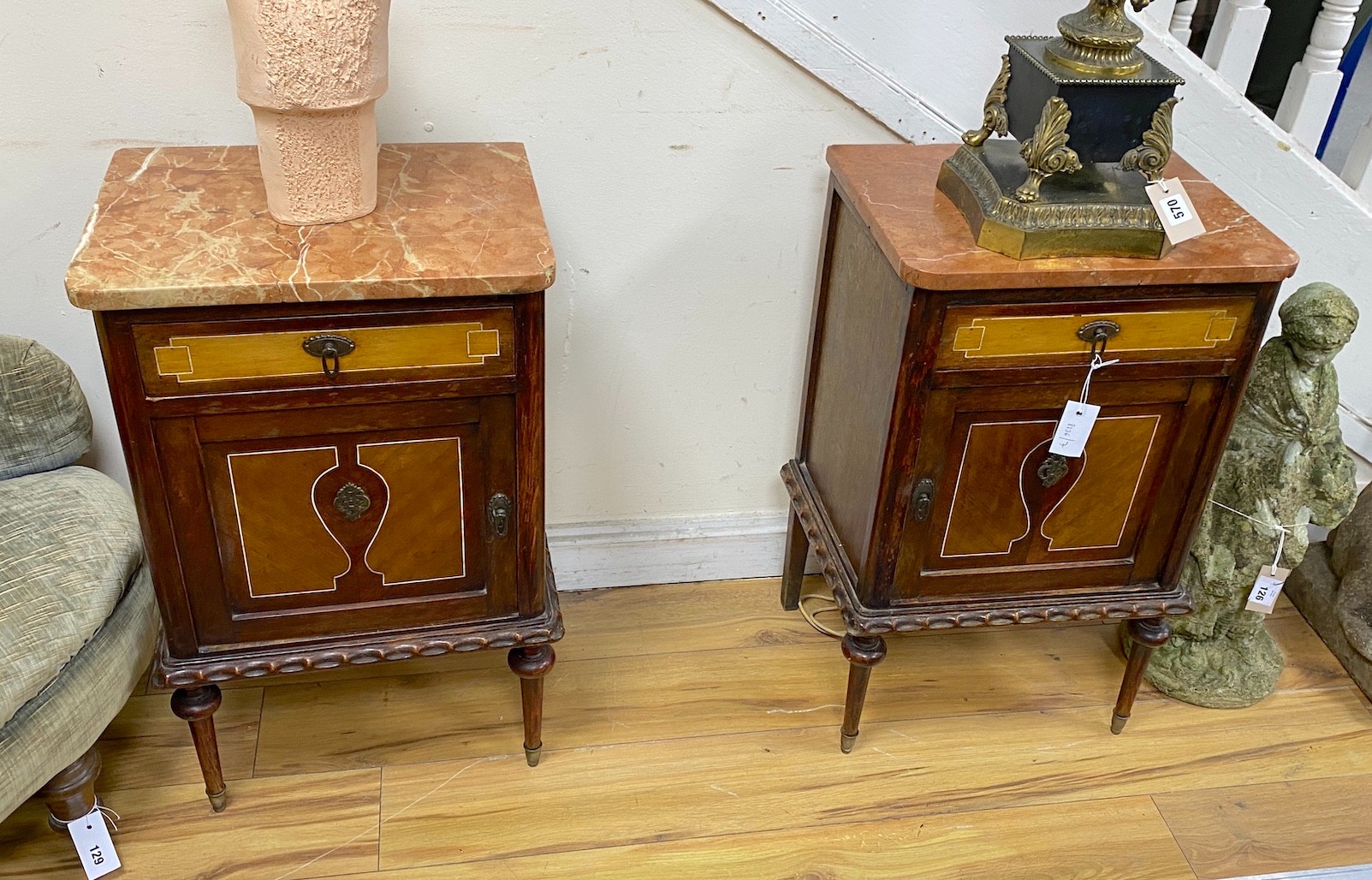 A pair of early 20th century French marble top bedside cabinets, width 44cm, depth 33cm, height 73cm